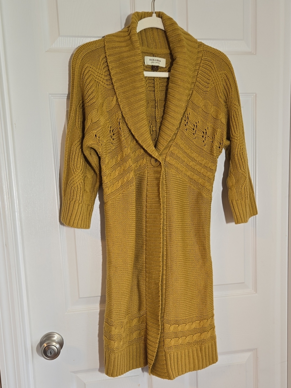 Sonoma Mustard Shawl-Collar Cable Knit Cardigan